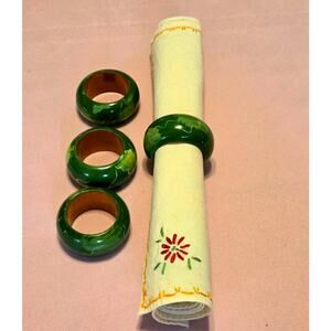 Vintage Lacquered Wooden Napkin Rings Made In India Green Marbled Design READ